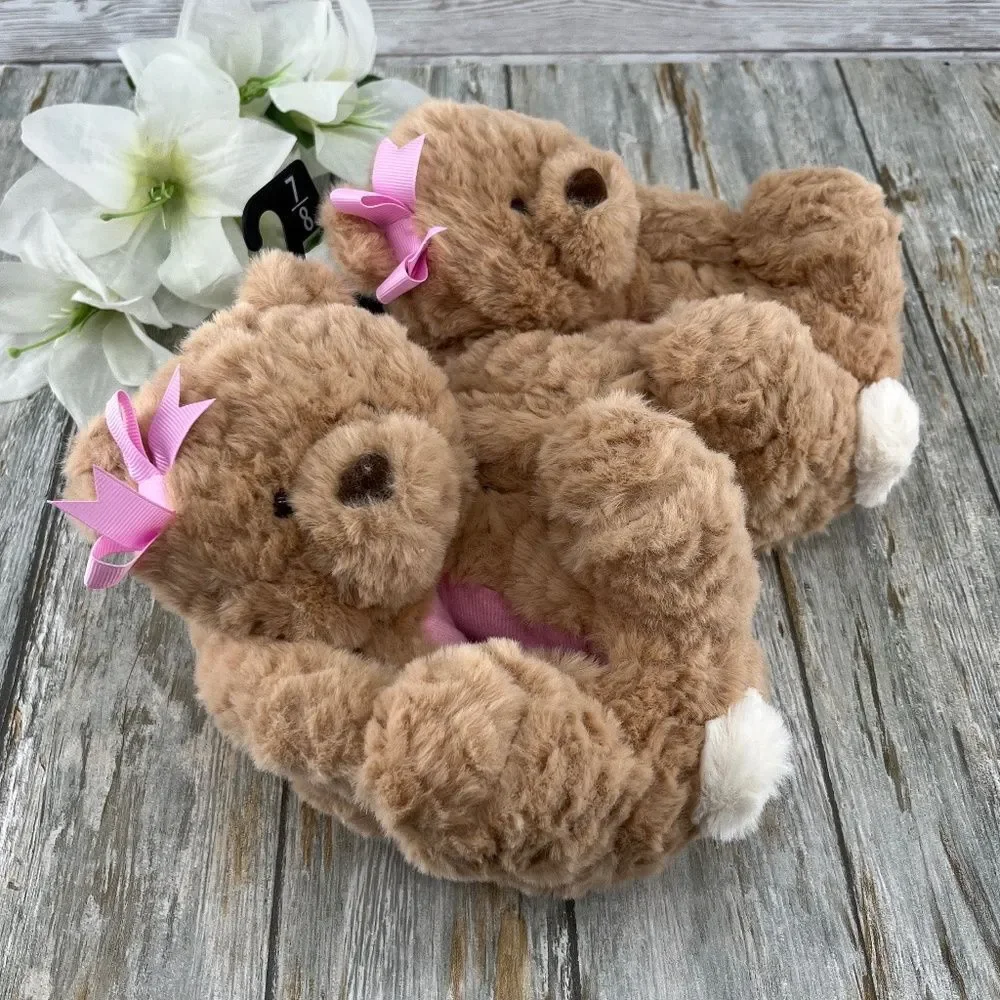 Baby Toddler Girls Plush Teddy Bear Slippers Shoes Size 7/8